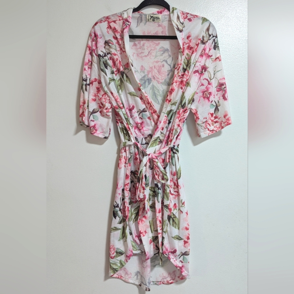 Show Me Your MuMu‎ White And Pink Floral Print Waist Tie Robe One Size